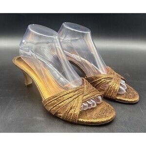 MICHELLE D Womens Gold Copper Metallic Slide Slip On Heeled Sandals Sz 8.5
